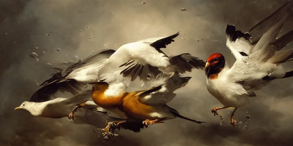 Prompt: highly detailed beautiful photography of birds, splash, sharp focus, dramatic, dynamic, lighting, elegant, harmony, beauty, masterpiece, by roberto ferri