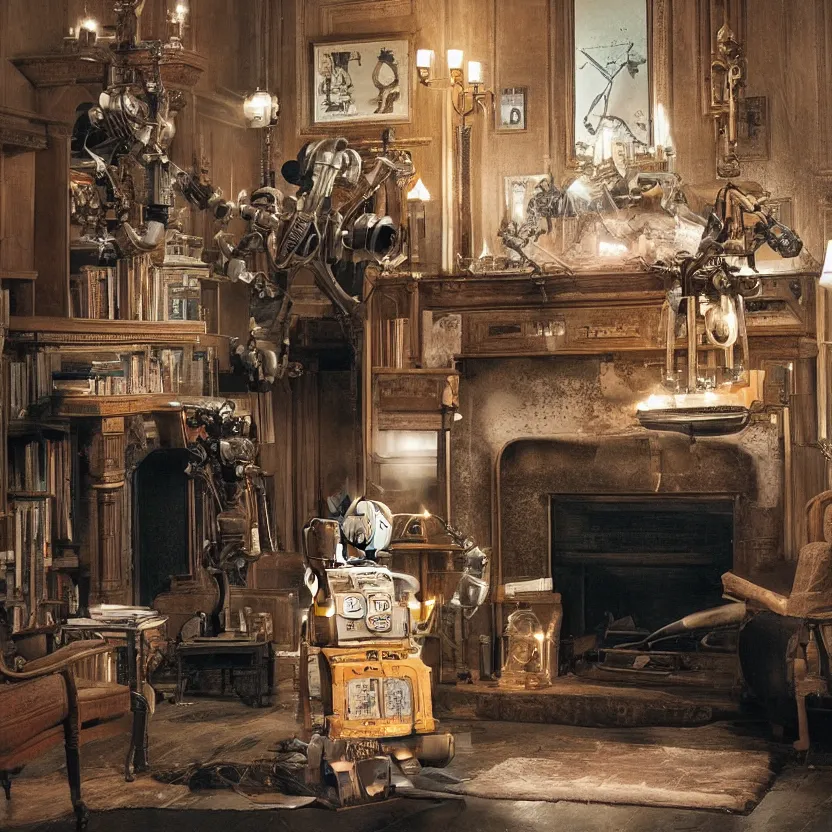 Image similar to “a lonely robot reads a book near a fireplace in a Victorian home., IMAX 70mm footage”