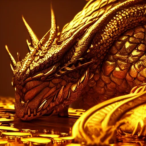 Prompt: the dragon sleeps on piles of gold, trending on artstation, award winning, highly detailed, epic, dramatic lighting, 4 k