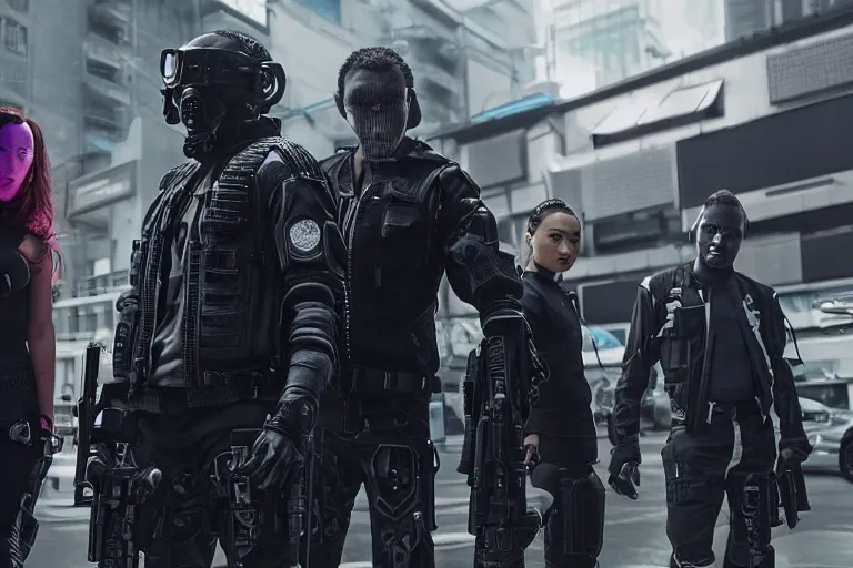 Image similar to movie diverse interracial team of Japanese sci-fi futuristic robbers armed with rifles interior clean futuristic tactical van, cyberpunk city, beautiful skin, Symmetrical faces. natural lighting by Emmanuel Lubezki