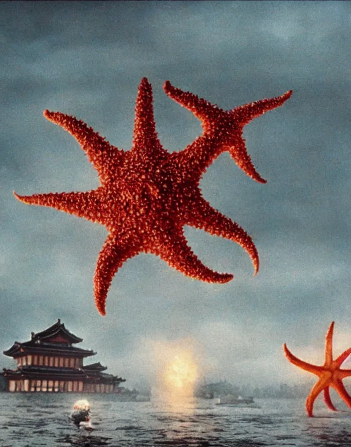 Image similar to a filmstill of a north korean monster movie, kaiju - eiga monster starfish - like trampling a traditional korean palace, foggy, film noir, epic battle, etheral, explosions, communist propaganda, communist epic thriller, by akira kurosawa and wes anderson video compression