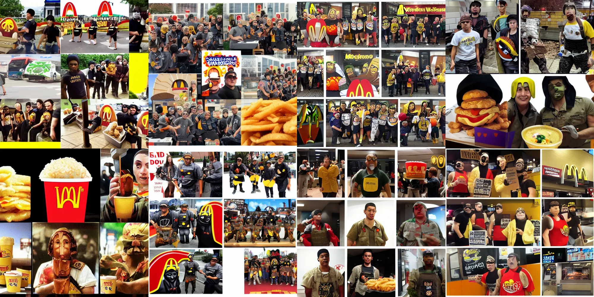 Prompt: a collage of the last warriors defending mcdonalds