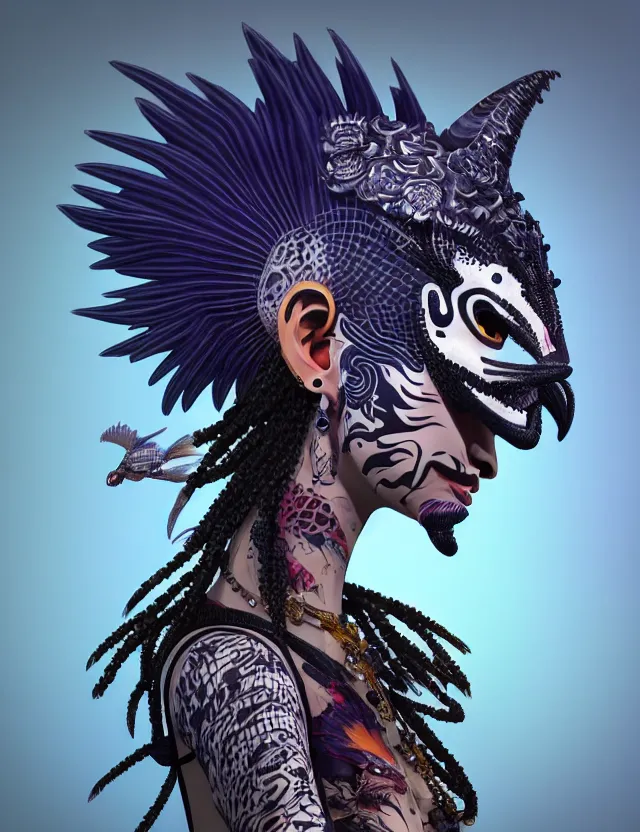 Image similar to 3 d goddess close - up profile simple portrait punk with mohawk with tiger skull. beautiful intricately detailed japanese crow kitsune mask and clasical japanese kimono. betta fish, jellyfish phoenix, bio luminescent, plasma, ice, water, wind, creature, artwork by tooth wu and wlop and beeple and greg rutkowski