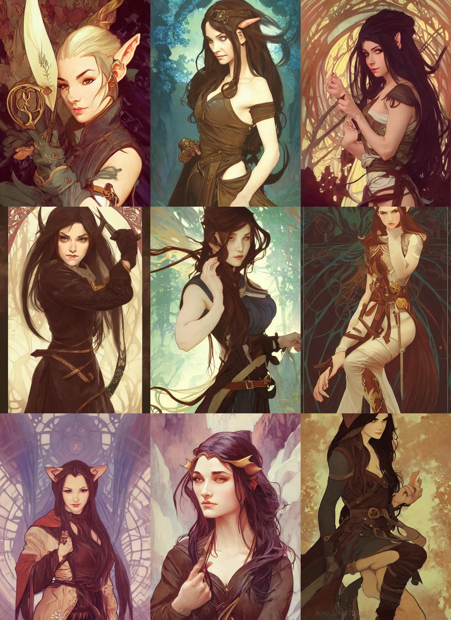 Prompt: portrait of beautiful half elf monk, female teenager, fisting, leather trench coat, badass, high fantasy, dnd, smooth, sharp focus, illustration, by rossdraws, alphonse mucha, frank fanzzeta, collectible card art