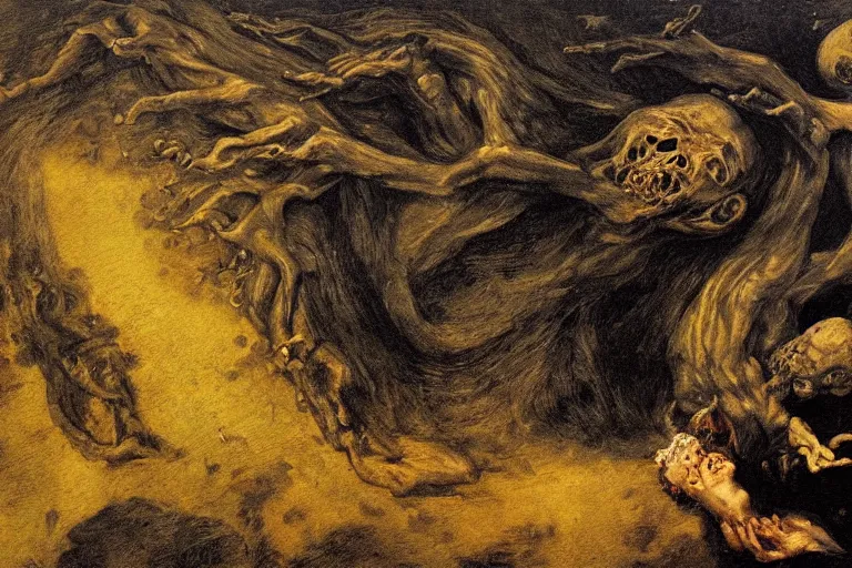 Prompt: the earth eats itself, detailed baroque oil painting, dark, disturbing by goya and alan lee, smoke, hell on earth