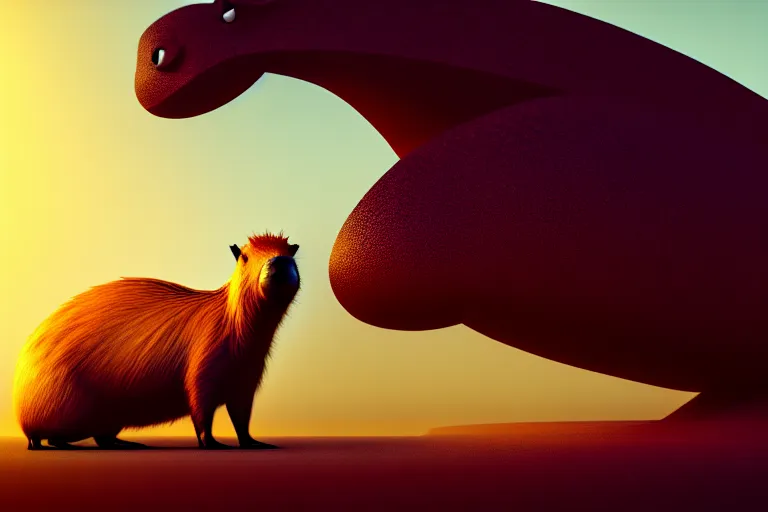 Image similar to a small capybara sits in front of a huge dragon, ray tracing, octane render, digital art, realistic, high quality, 8 k