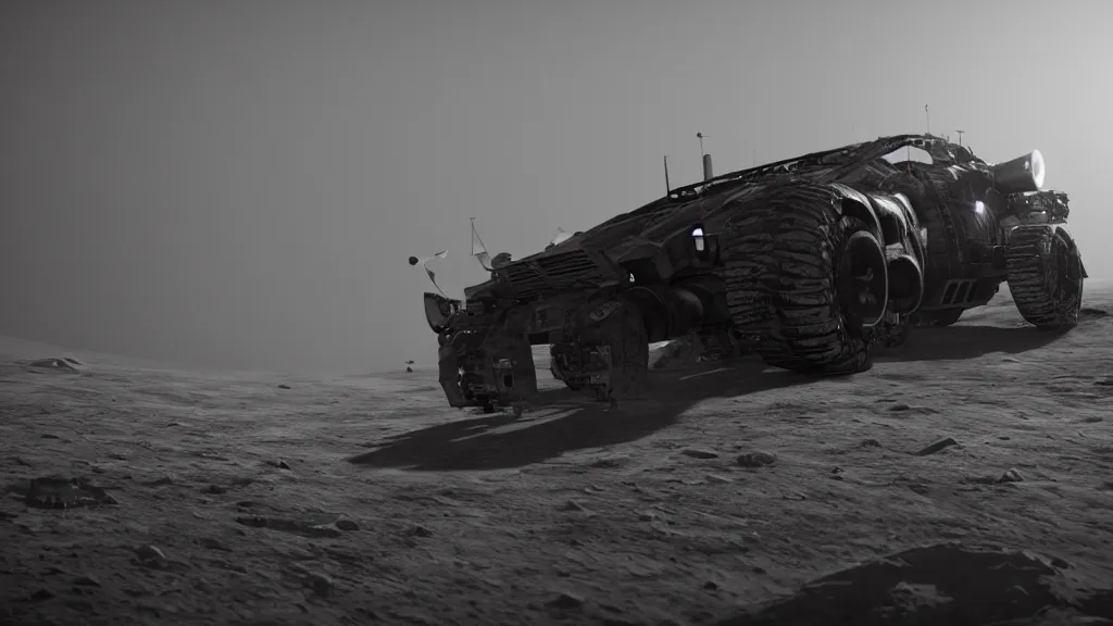 Image similar to a 3 d render of a cyberpunk car on the moon, 8 k, realistic, dynamic, artstation, digital art