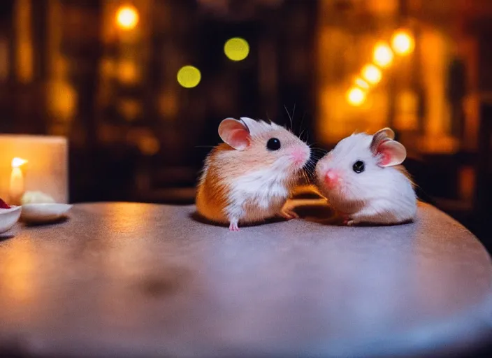 Prompt: photo of a hamsters on a date, kissing, at night, faded colors, candlelit restaurant table, cinematic color grading, various poses, soft light, centered, sharp focus, 8 k