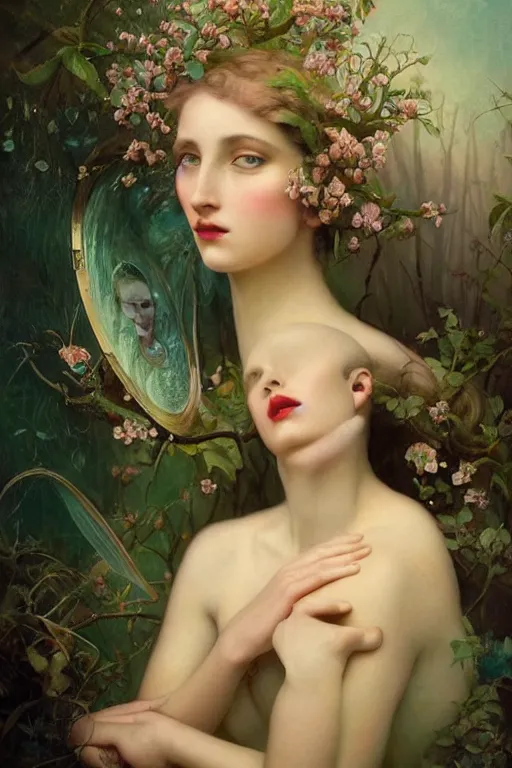 Prompt: An extremely beautiful young woman explaining the birds and the bees by Tom Bagshaw in the style of a modern Gaston Bussière, art nouveau, art deco, surrealism. Extremely lush detail. Melancholic scene. Perfect composition and lighting. Profoundly surreal. High-contrast lush surrealistic photorealism. Sultry and mischievous expression on her face.