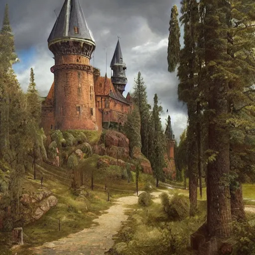 Prompt: a beautiful painting by a majestic medieval castle with hundreds of medieval knights, made of wood, by ivan shishkin and other ancient etch holds, hyperrealism digital art by Grosnez and Taro Okamoto