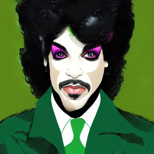 Image similar to an illustration of prince as two face. half his face is white with green hair.