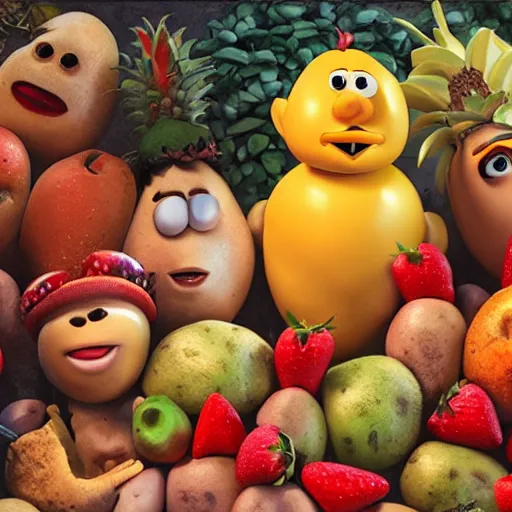 Image similar to giuseppe arcimboldo, mr potato head, fruit monster, unreal engine, new scifi movie