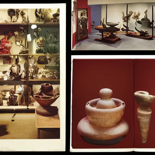 Image similar to A three color offset photography of objects on display, anthropology of wonder, exotic artifacts, bauhaus, colonial expedition, catalog exhibition, 60s style