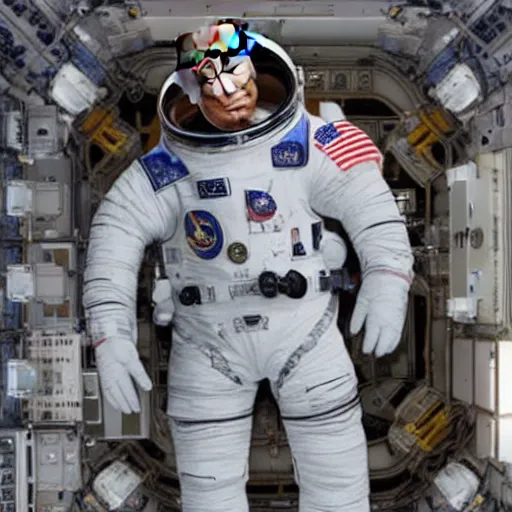 Image similar to donald trump in a space suit, holding an automatic rifle, on board the international space station. Photorealistic