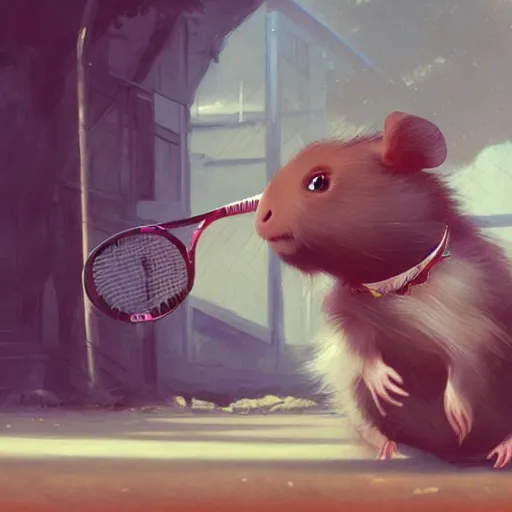 Image similar to a cute guinea pig plays tennis. detailed digital art by greg rutkowski, keith parkinson, marc simonetti, artgerm, artstation, deviantart, 8k, hd