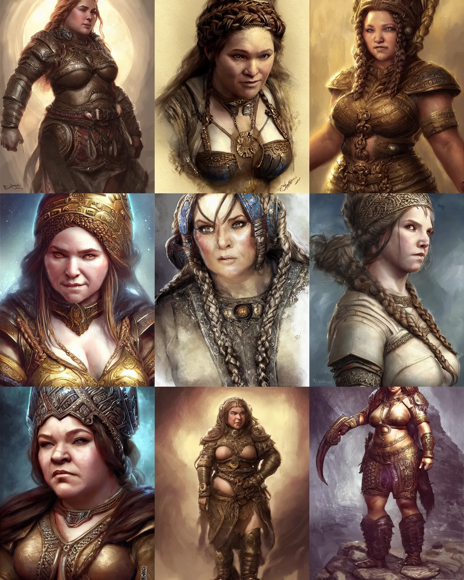 Prompt: female dwarven noblewoman, chubby short stature, braided intricate hair, by aleksi briclot