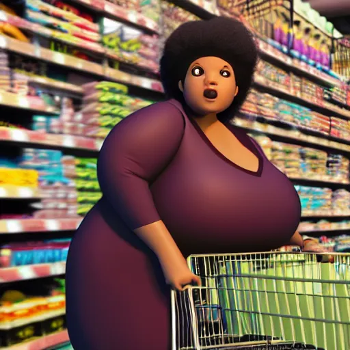 Image similar to high quality still of black bbw woman, 3d, in the style of pixar, comic book style, pushing cart in wal mart, highly detailed, 16k resolution, octane renderer, coherent