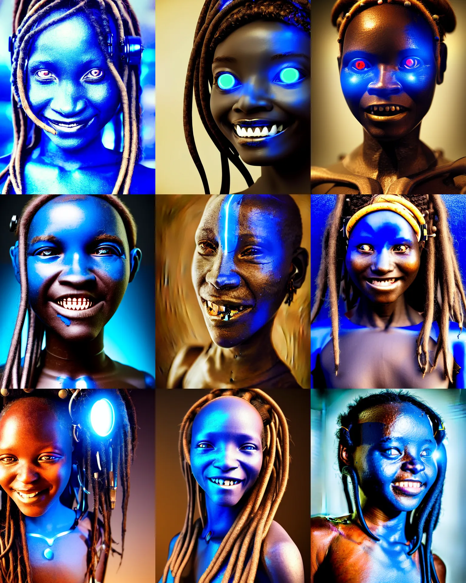 Prompt: futuristic himba young woman smiling, glowing mechanical blue eye, robotic limb, blue dreadlocks, realistic sci - fi, dramatic lighting, intricate, soft focus