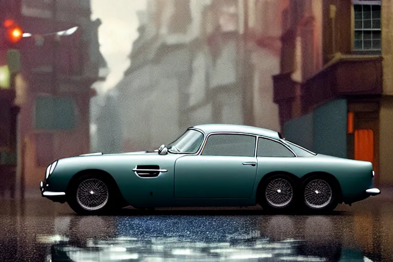 Image similar to a wholesome animation key shot of one focused aston martin db 5, parked on a side of a wet london street, raining, medium range, studio ghibli, pixar and disney animation, sharp, very detailed, octane render, 4 k, high resolution, anime key art by greg rutkowski, dull diffused side lighting