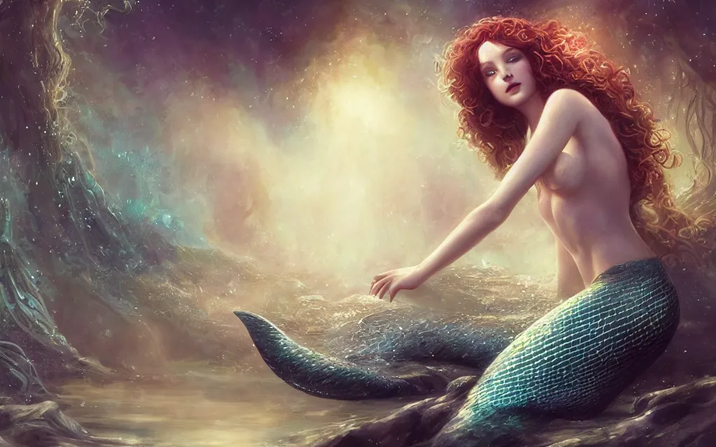 Prompt: beautiful mermaid with curly hair, dreamscape, magical details, magical atmosphere, cinematic lighting, hyper - detailed, cgsociety, 3 - d 8 k, high resolution, in the style of charlie bowater, tom bagshaw, alexis franklin, elena masci, pawel rebisz