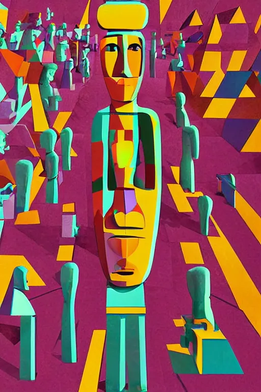 Image similar to cubist moai statue cutout digital illustration cartoon colorful beeple