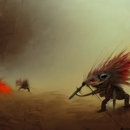 Image similar to a row of soldiers in the mist, dense fog ashigaru aztec mice with feather plumes, dramatic cinematic lighting, menacing, detailed concept painting trending on art station, by brian froud, by deak ferrand, grey, blue, orange-red