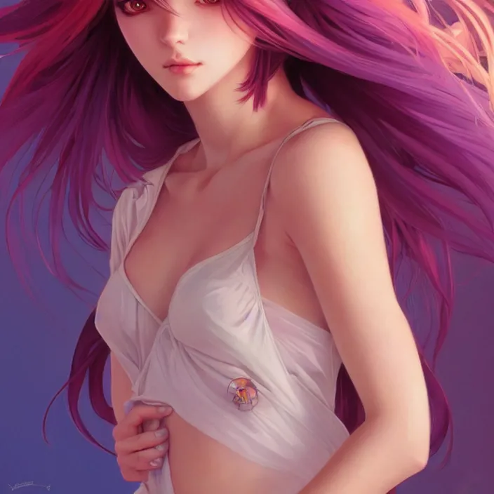 Image similar to full body portrait, a beautiful symmetrical gorgeous anime girl, rainbow hair, attractive, casual, modern, victoria's secret, highly detailed, digital painting, artstation, concept art, smooth, sharp focus, illustration, art by artgerm, greg rutkowski and alphonse mucha, 8 k,