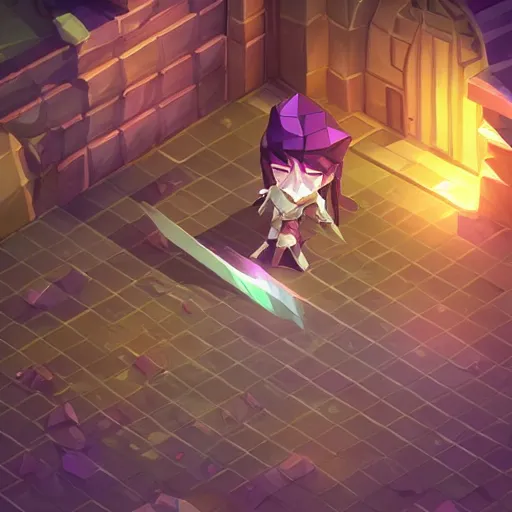 Image similar to arcane style, low poly, high resolution textures, hide geometry, smooth shadows, isometric view, 1 6 bit colors, made in rpg maker, chibi girl, volumetric lighting, fantasy, hyper realistic, by riot games artist, from league of legends, a netflix movie, backlit