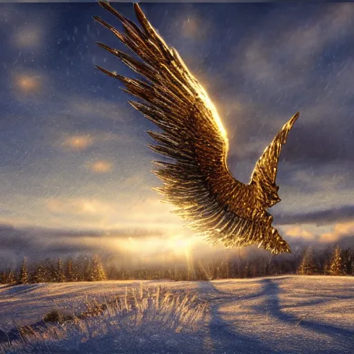 Prompt: winged valkyrie, snowy ground, realistic, golden light