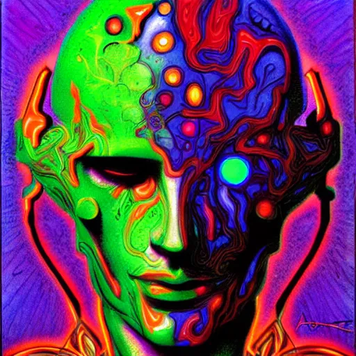 Image similar to psychedelic organic cyborg, art by albert aublet