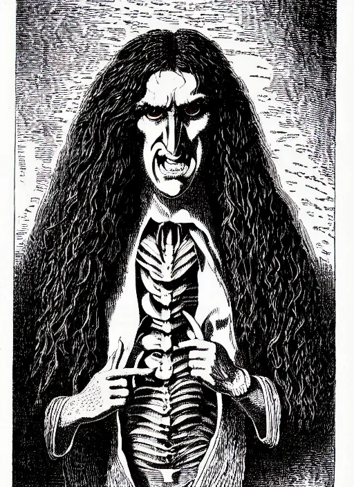 Image similar to illustration of weird al yankovic as a demon from the dictionarre infernal, etching by louis le breton, 1 8 6 9, 1 2 0 0 dpi scan, ultrasharp detail, clean scan