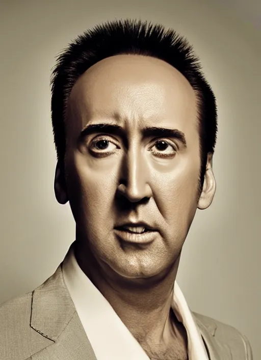 Prompt: portrait of beautiful 3 0 yearold female nic cage by mario testino, headshot, detailed, award winning, sony a 7 r