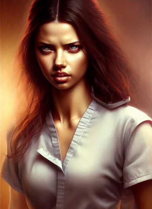 Image similar to a beautiful woman with nurse uniform, adriana lima, painted by artgerm and tom bagshaw, fantasy art, dramatic lighting, highly detailed oil painting