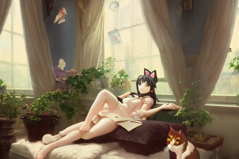 Prompt: baroque oil painting of anime key visual concept art of anime maid with cat ears lying down on sofa, soft lighting, new york apartment, potted plants, big window, trending on artstation, brush strokes, oil on canvas, style of makoto shinkai and greg rutkowski and studio ghibli