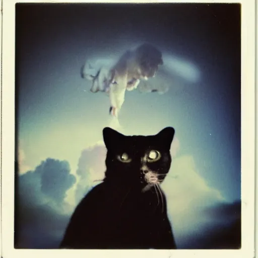 Image similar to polaroid photo of a cat watching a mushroom cloud in the background