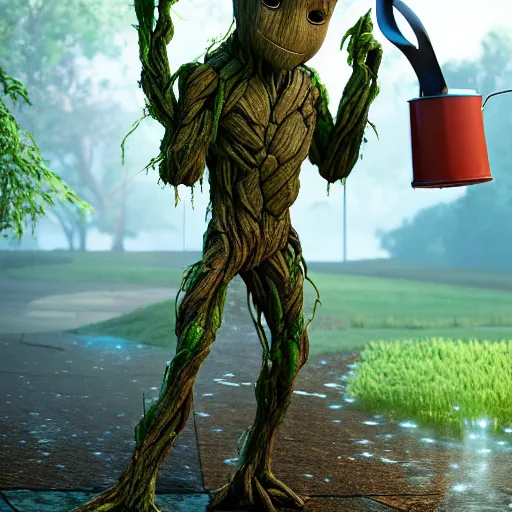 Image similar to photorealistic shot of Groot watering The earth with a watering can, octane render, unreal engine 4k, volumetric light, fog, detailed,