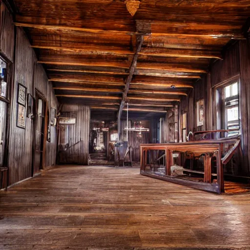 Image similar to Empty Old West Saloon at the break of day with a Grand Piano and Staircase, dust particles in the air, god beams coming through the windows, hyper realistic, HD, DLSR Camera