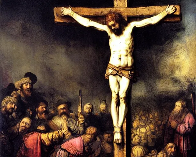 Prompt: the crucifixion by rembrandt,