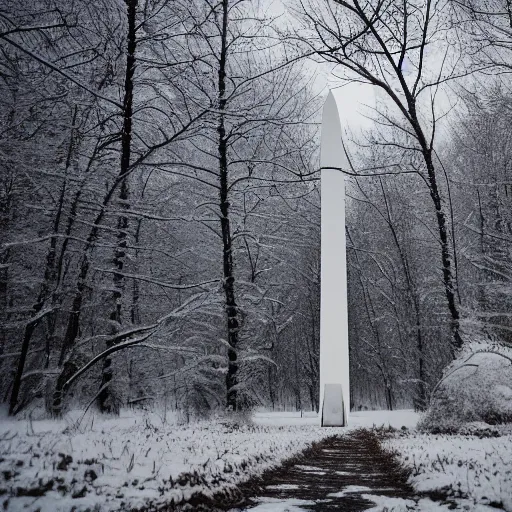 Prompt: a large, white obelisk floating above the ground in a taiga. snowing, grainy, overcast sky,