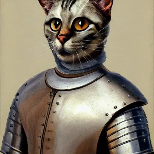 Image similar to renaissance portrait painting of a cat in a suit of armor, artstation, highly detailed