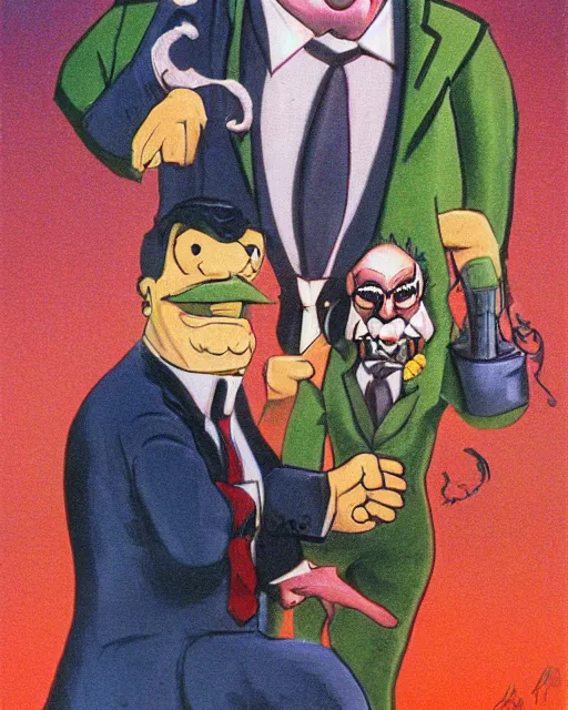 Image similar to smug male antagonist in suit, uptown city street, artwork by ralph bakshi