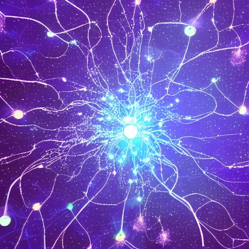 Prompt: biological neuron cell network like space stars, iridescent, artstation, fine detail, violete and blue color scheme