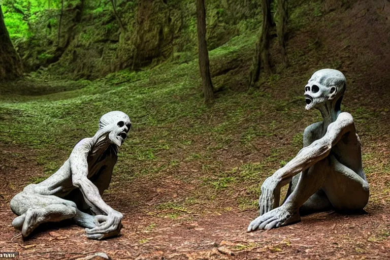 Image similar to high quality scary alienated monster statue sitting at the entrance of a cave in the middle of a forrest, highly detailed, cinematic smooth, stephen shore & john j. park, soft morning light, wide shot, high angle, uhd 8 k, deep focus