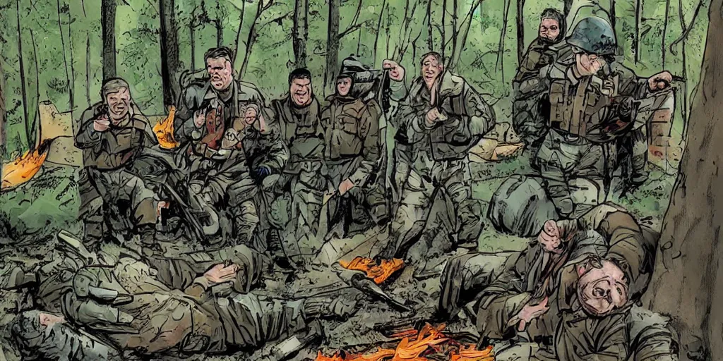 Image similar to really funny accident in finnish army, most insane scene in the forest in the style of action movie by tony scott, people laughing in the woods, campfire and tents, comicbook art by stan lee