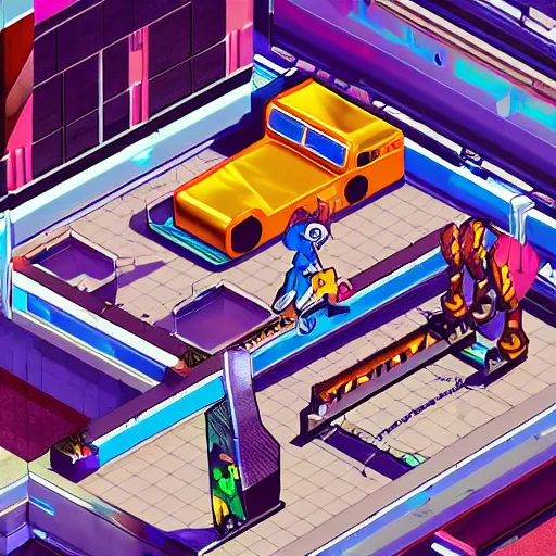 Prompt: isometric action game, punk, jet set radio + mirror's edge, highly detailed