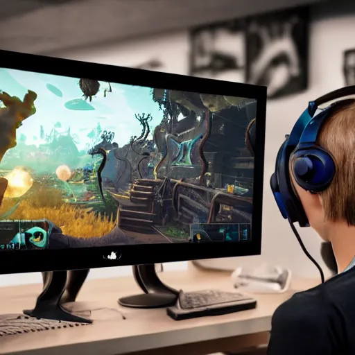 Image similar to view from behind of an eldritch lovecraftian cosmic horror wearing headset watching monitor displaying fortnite, intricate detail, cinematic composition