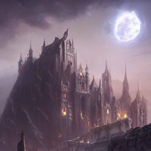 Image similar to Dark majestic fantasy fortress under a pale moon, Darek Zabrocki, Karlkka, trending on Artstation, 8K