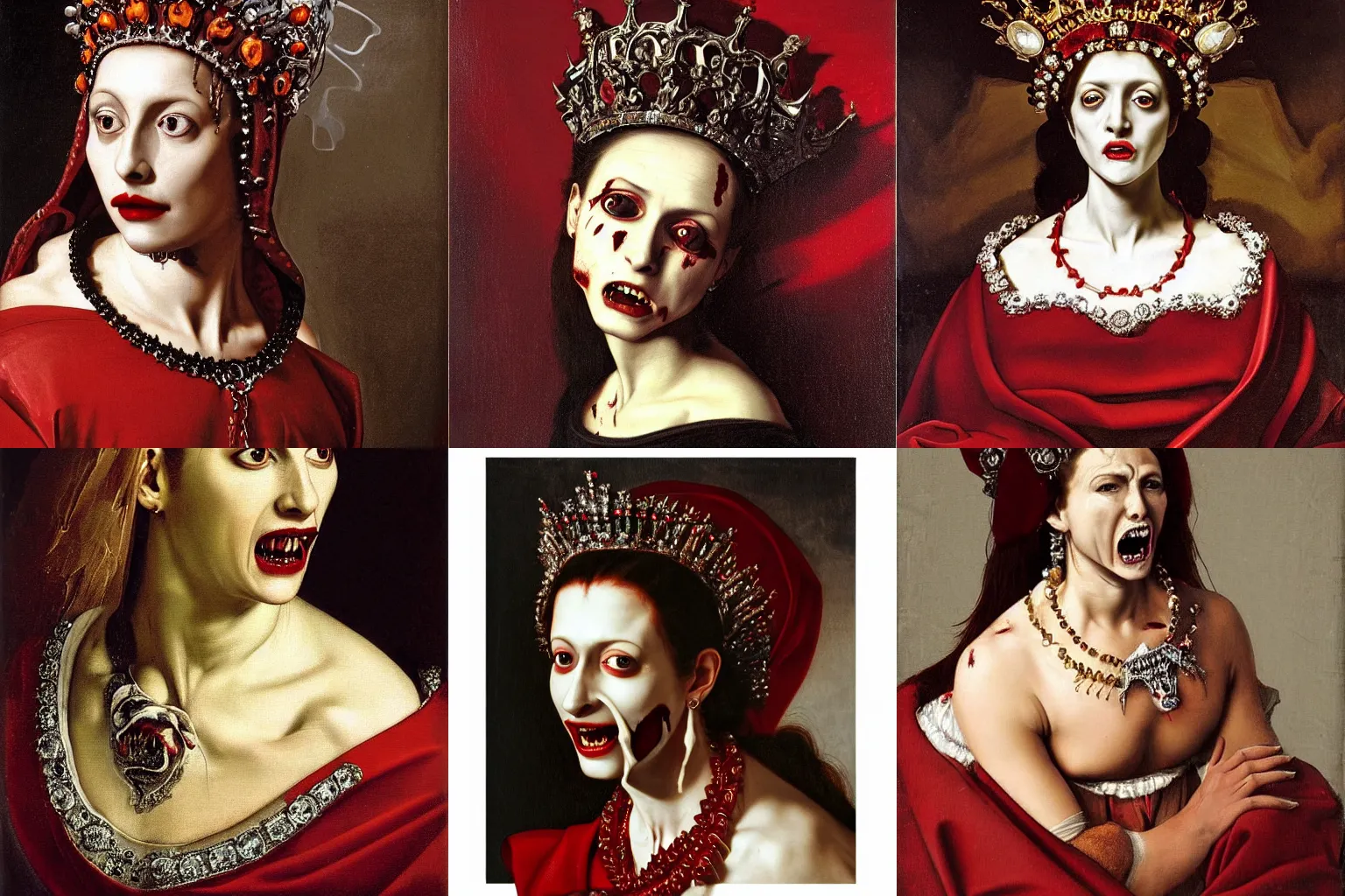 Image similar to A extremely highly detailed majestic hi-res beautiful immaculate head and shoulders painting of a angry, bloody vampire woman with fangs, filled with hatred and rage, crying tears of red blood wearing a long royal red silk dress, the crown jewels is on her head and around her neck is a ornate golden necklace decorated with diamonds and rupees smiling by Michelangelo Merisi da Caravaggio, high detail, hyperrealistic, photorealistic, octante render, cinematic, high textures, royaltly, royal, hyper sharp, 4k insanely detailed and intricate, hypermaximalist, 8k, hyper realistic, super detailed, 4k HDR hyper realistic high,