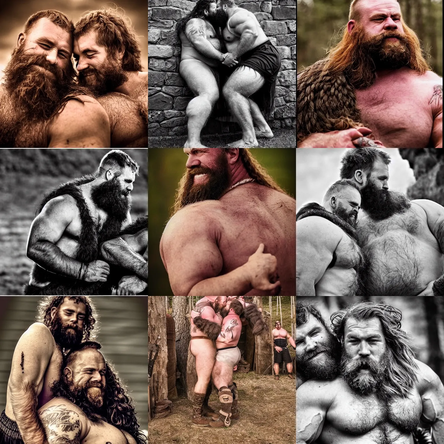 Prompt: hairy burly young adult viking strongmen giving each other affection. warmth, cozy, wholesome, comforting, love, epic, manliness, rustic, epic, soothing. highly detailed photography.