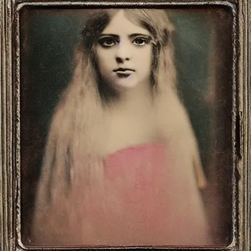 Prompt: a beautiful young lady with huge bright silver eyes, colored vintage daguerreotype, by gustave moreau, by Mackintosh, art noveau, highly detailed, strong lights, liminal, eerie, Bright pastel colors